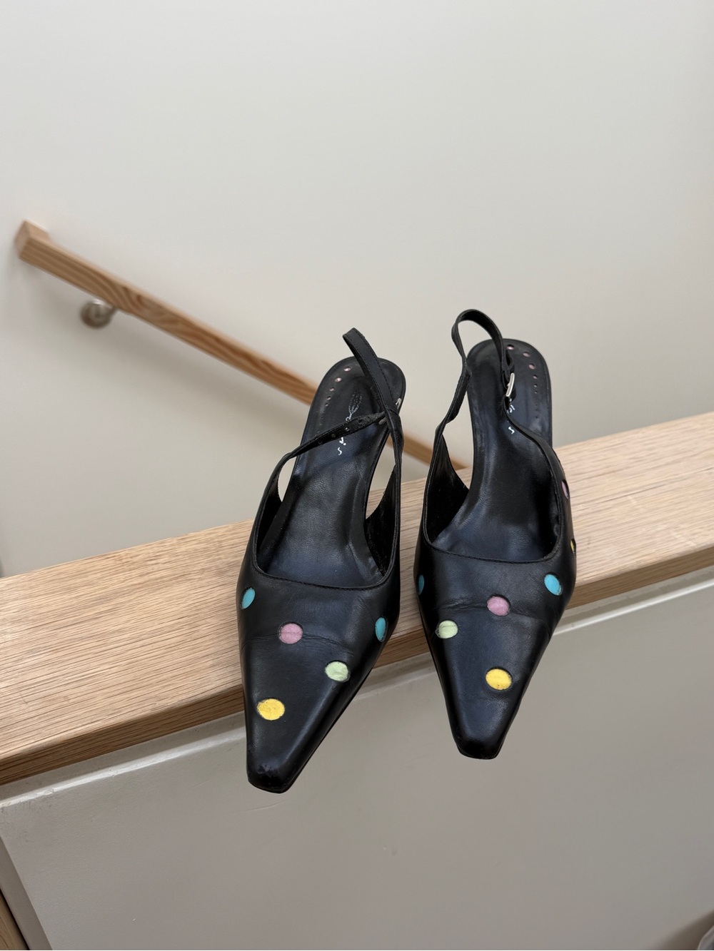Black Pointed Slingback Pumps with Pastel Polka Dots